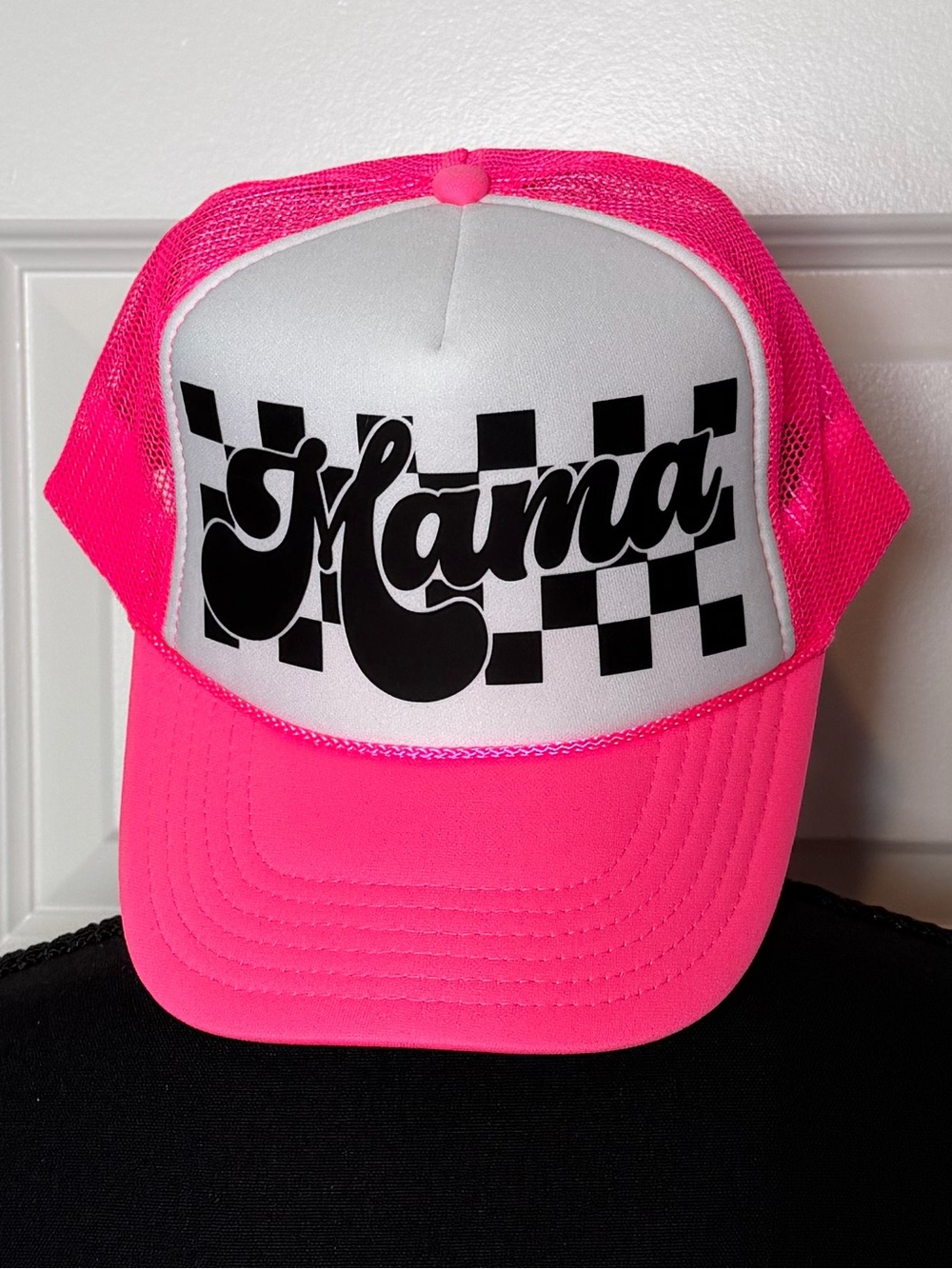 Otto brand Hot Pink “Mama” Checkered Trucker Hat Snapback Neon Mesh Cap